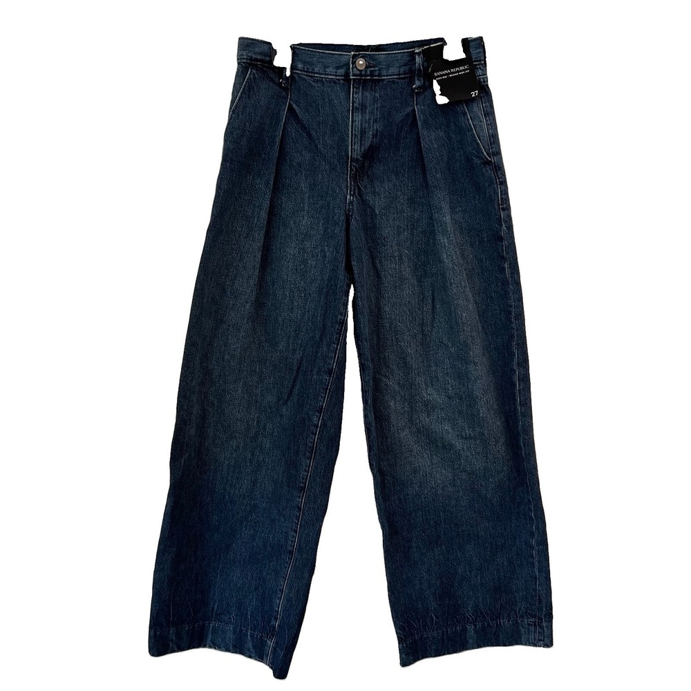Banana Republic High-Rise Relaxed Wide Leg Pleated Jeans Dark Indigo 27 NWT